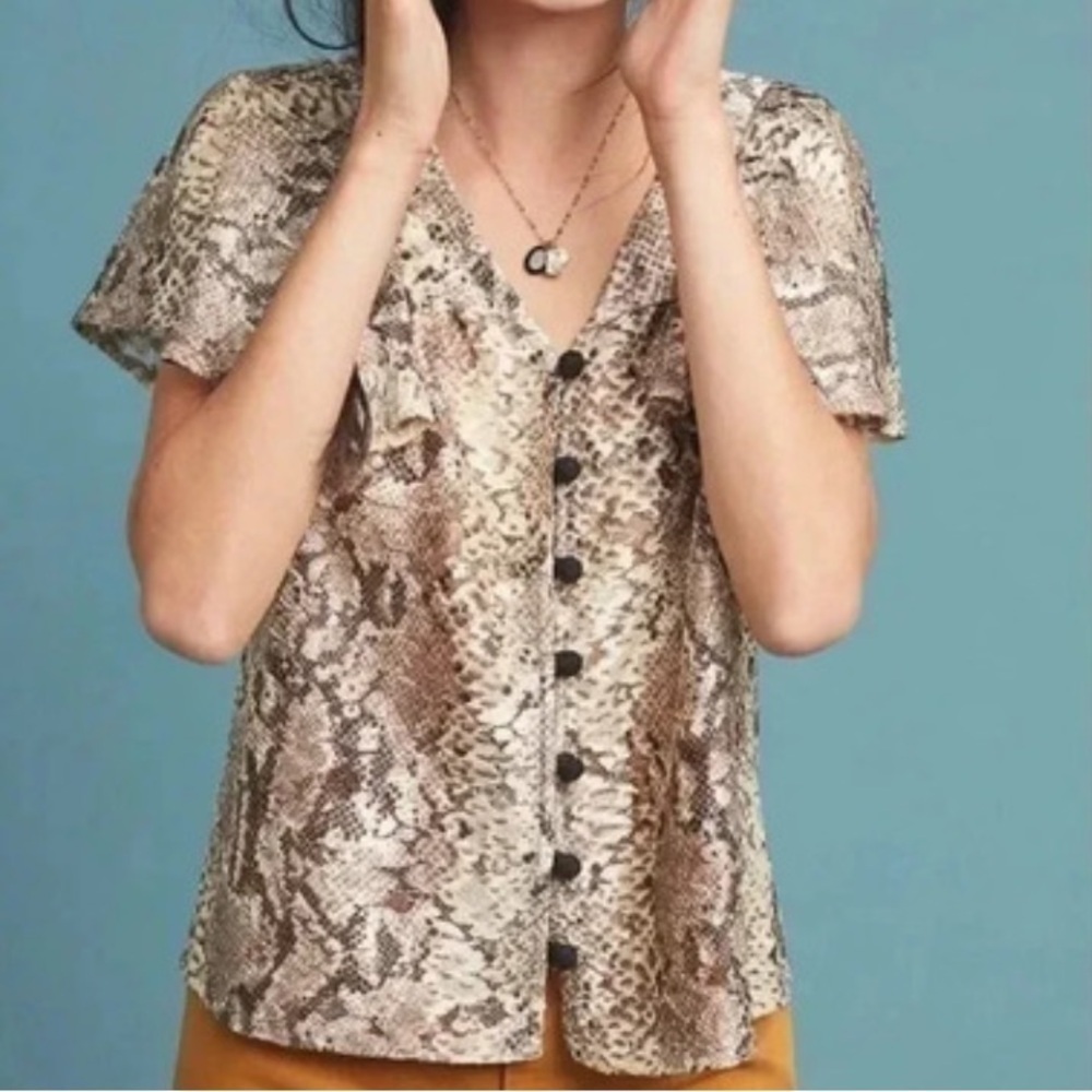 Eva Franco Anthropologie Willow Snake Print Flutter Sleeve Top Size Medium V2